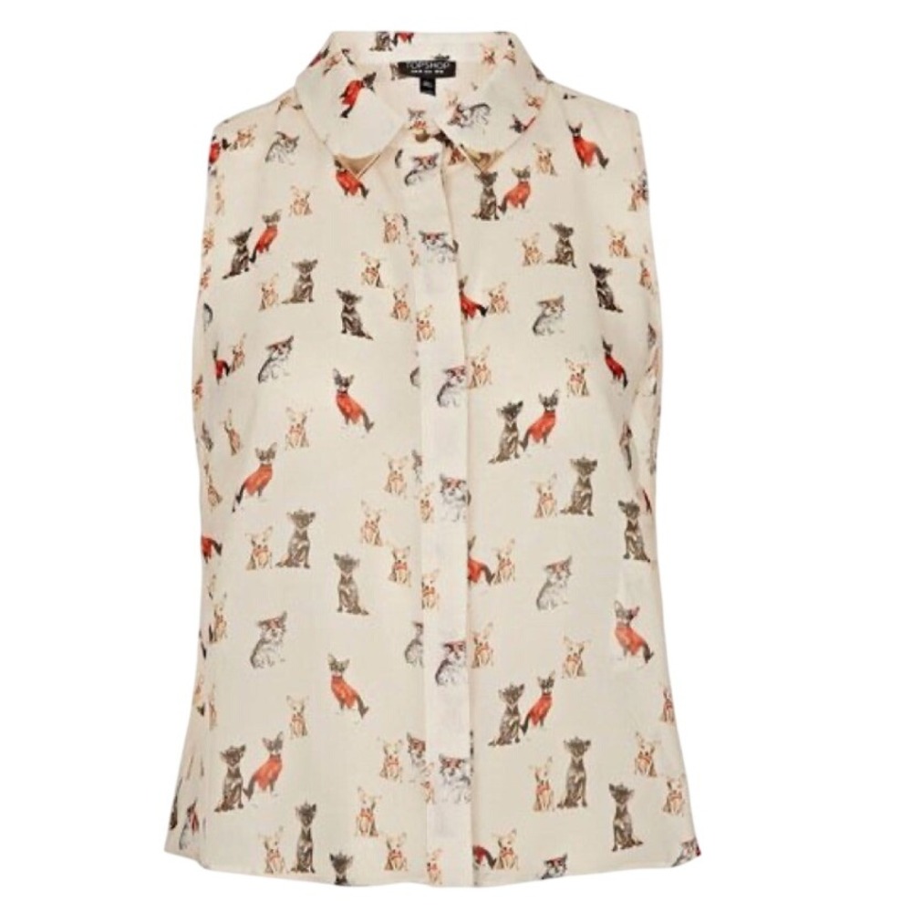 Topshop Chihuahua Dog Print Sleeveless Blouse Womens Size 8 Cream Button Up